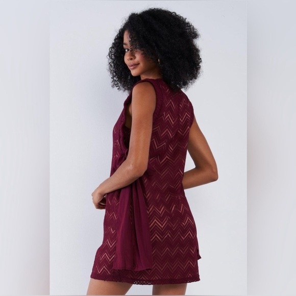 Wine Crochet Sleeveless Lined Mini Dress W/ Ribbon Draw String Tie - Picture 3 of 4